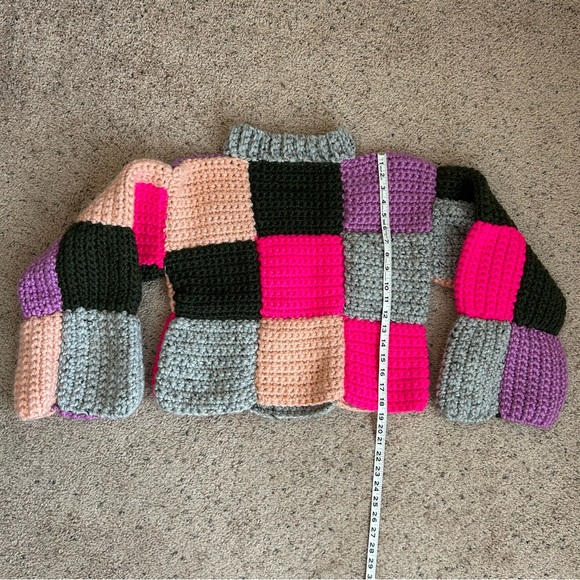 Multi Colored Crochet Pullover Sweater with Square Pattern High Neck Handmade - Picture 6 of 7